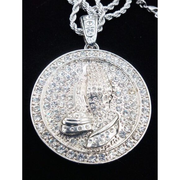 Praying Hands Medallion Pendant 23.75" Necklace Rope Chain & Rhinestones Aluminu - Picture 8 of 16